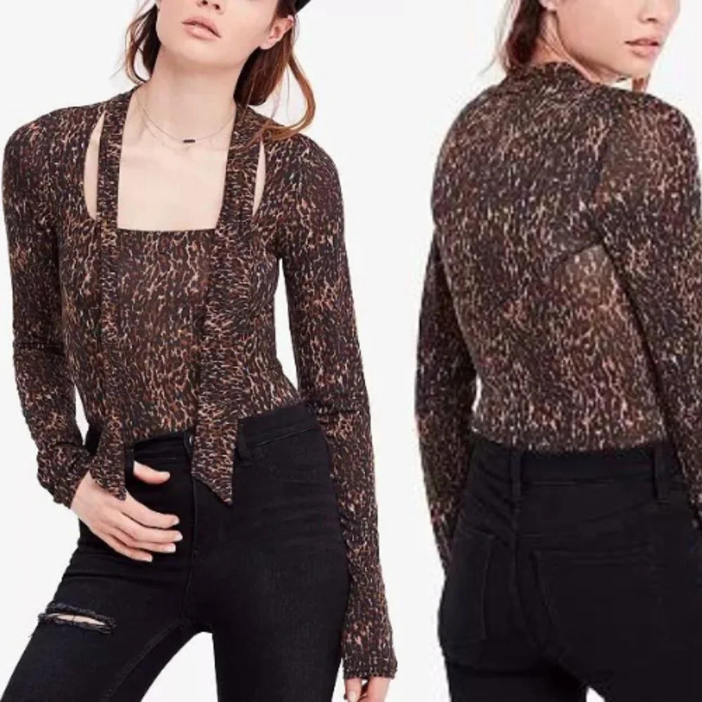 Free People Wild Thing Animal Print Long Sleeve Blouse 29107